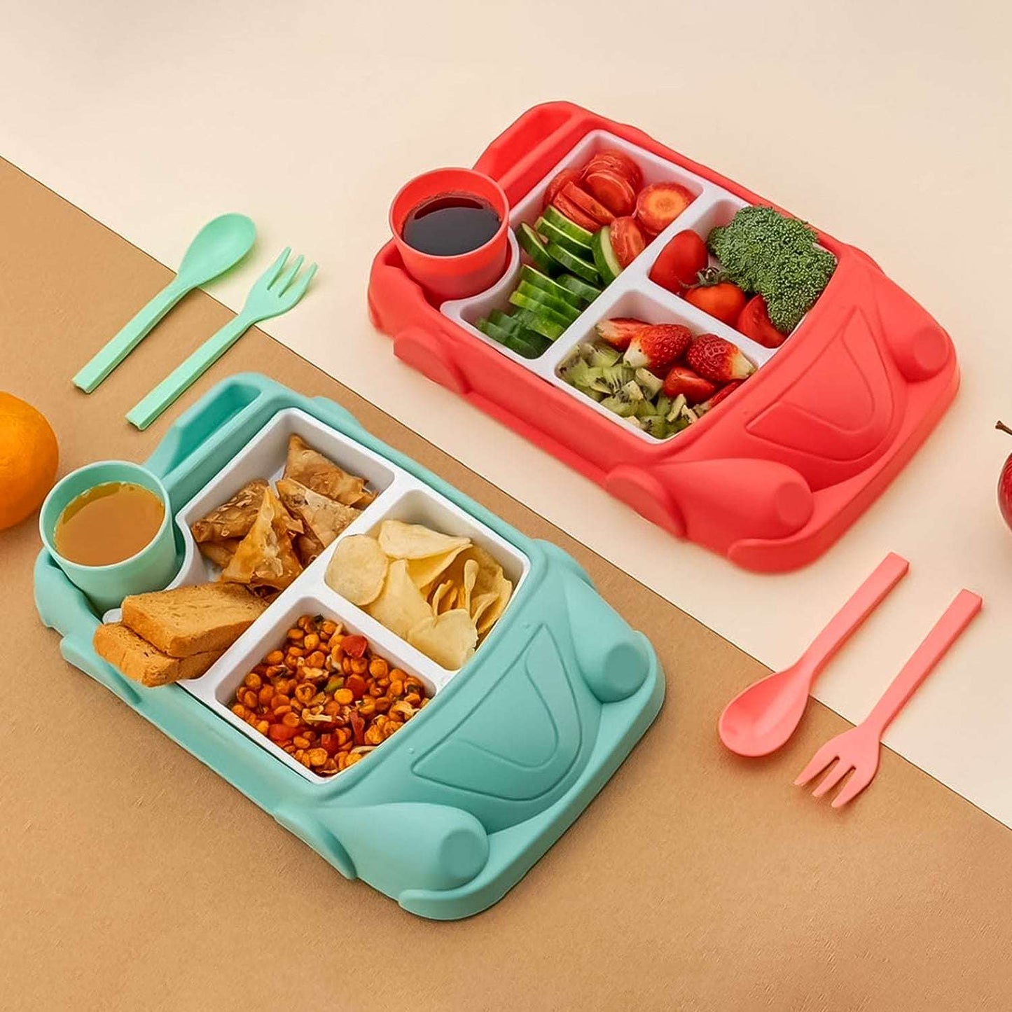 Kids Car Shaped Plates Cup Lunch Box Dinnerware Set (4 Pcs Set 1000 Ml Lunch Box) - LootFaat