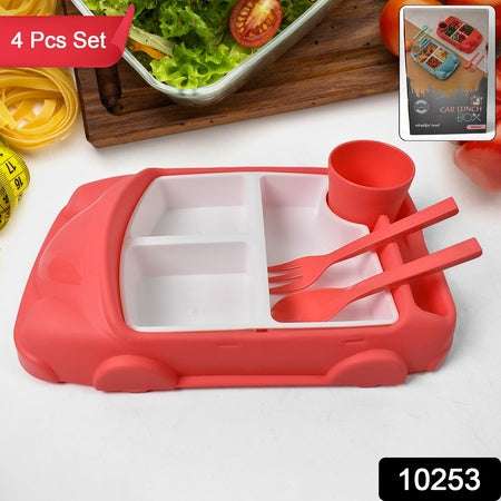 Kids Car Shaped Plates Cup Lunch Box Dinnerware Set (4 Pcs Set 1000 Ml Lunch Box) - LootFaat