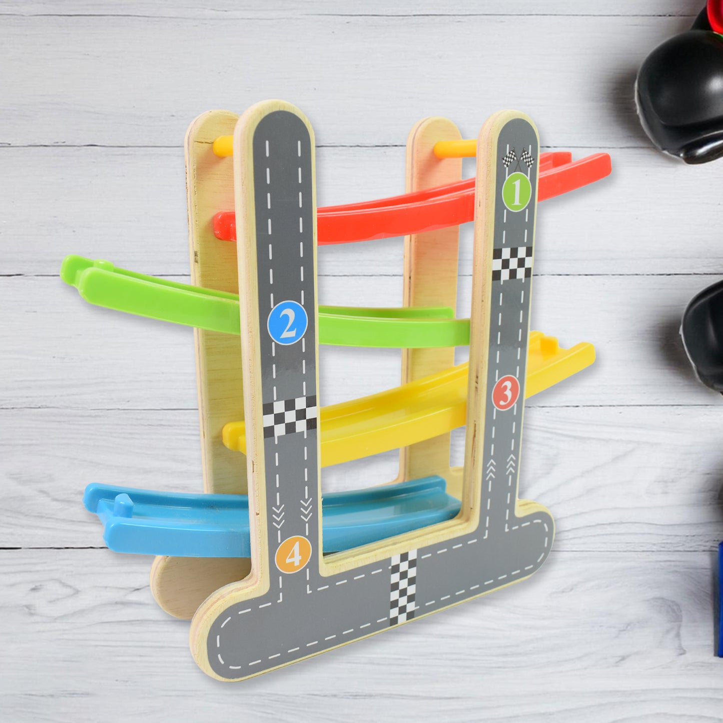 Car Racer Track Play Set Wooden Click Clack Toys With 4 Mini Racers (1 Set) - LootFaat