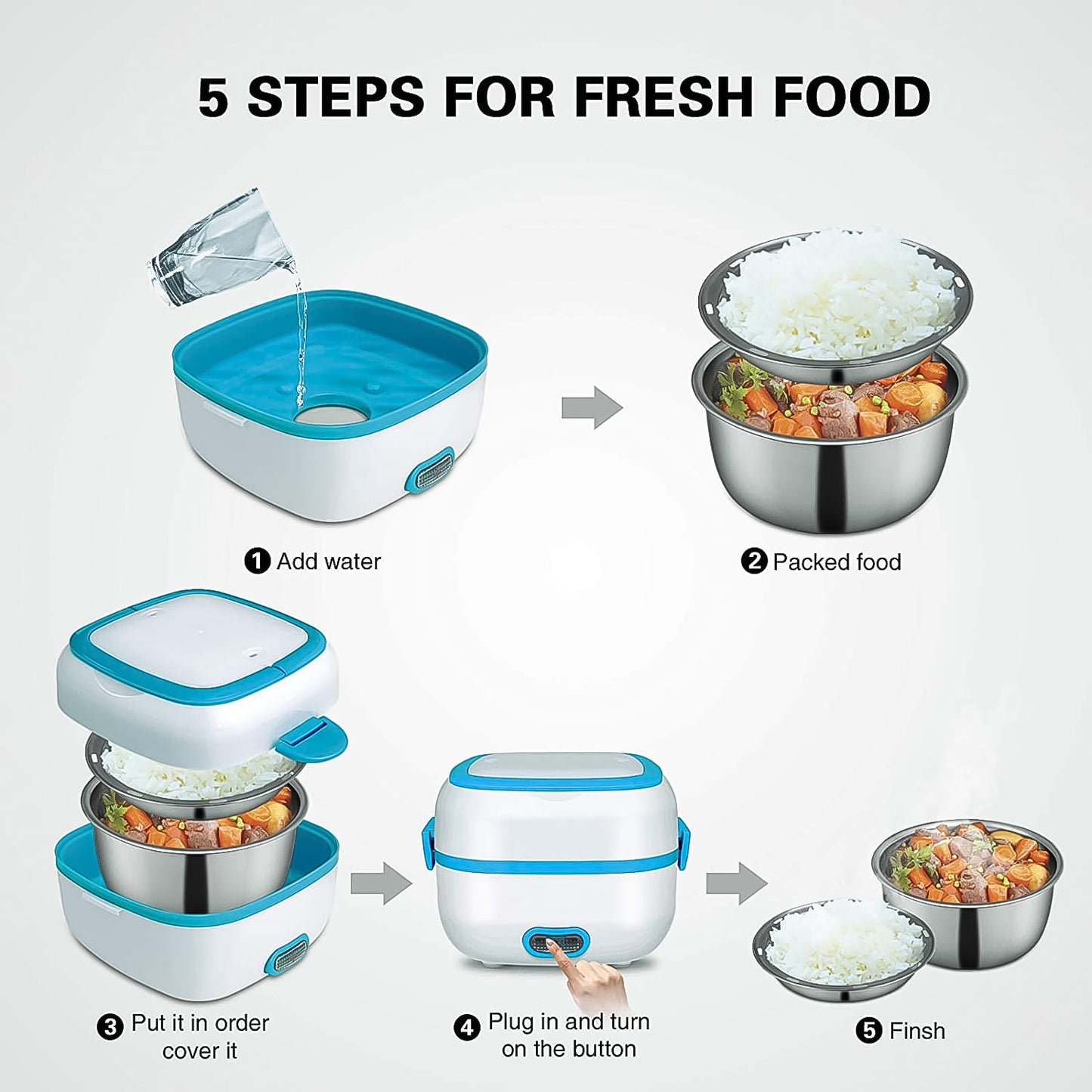 Electric Lunch Box 3 In 1 Food Heater Cooker Steamer With Stainless Steel Bowls (1 Set) - LootFaat