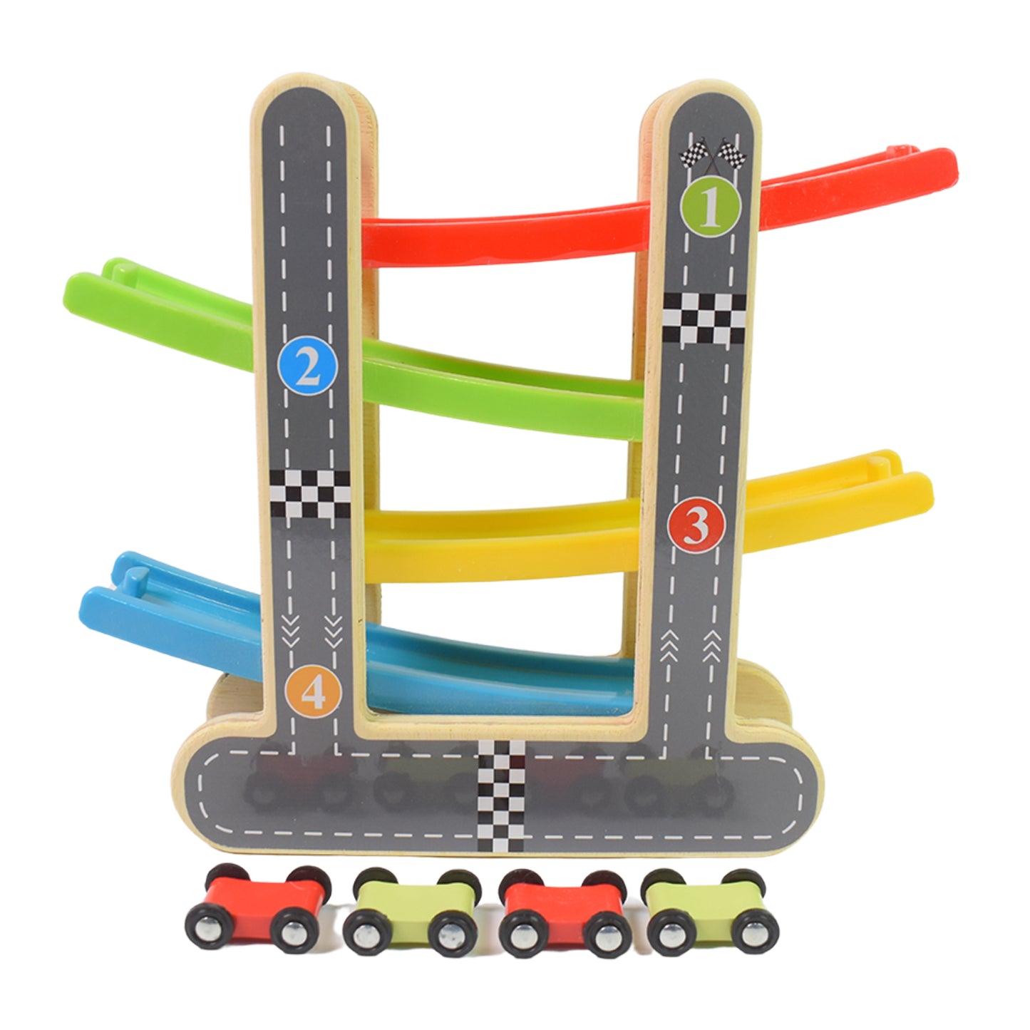 Car Racer Track Play Set Wooden Click Clack Toys With 4 Mini Racers (1 Set) - LootFaat