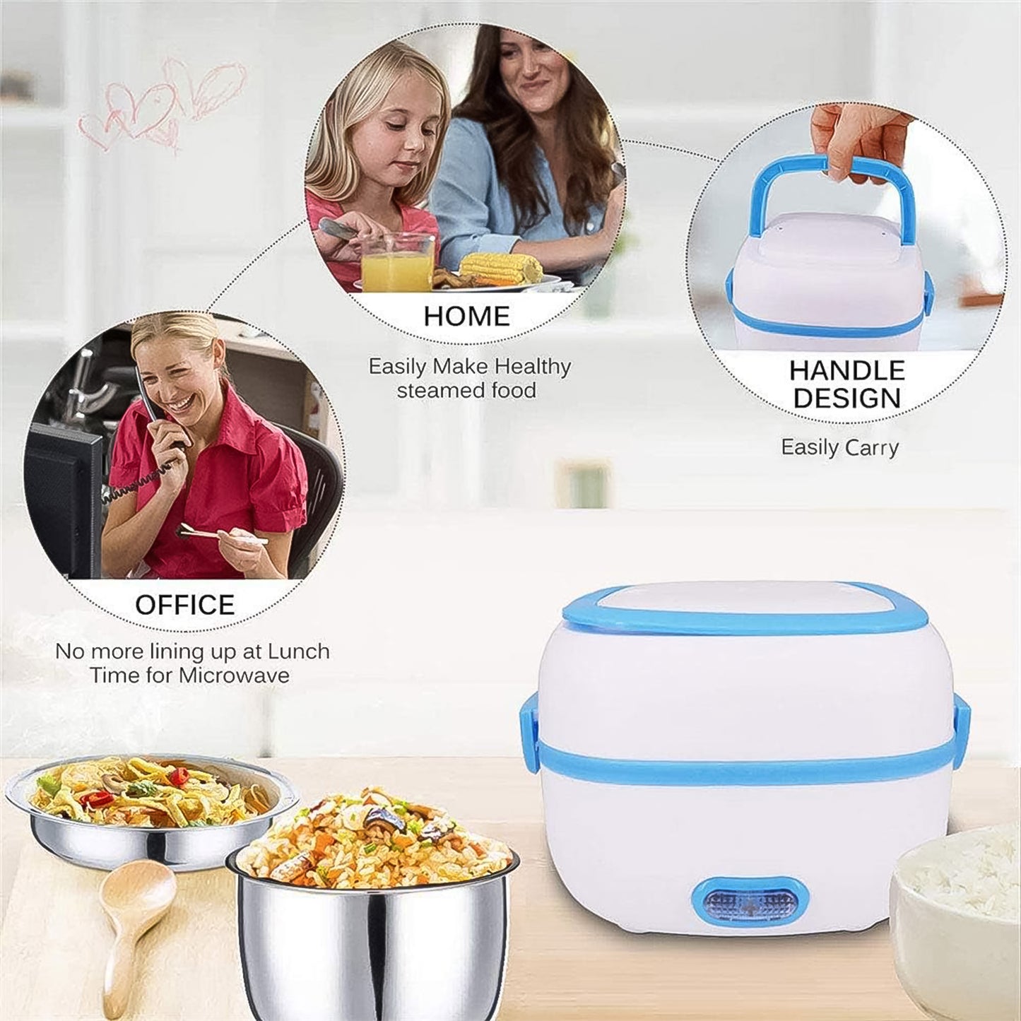 Electric Lunch Box 3 In 1 Food Heater Cooker Steamer With Stainless Steel Bowls (1 Set) - LootFaat