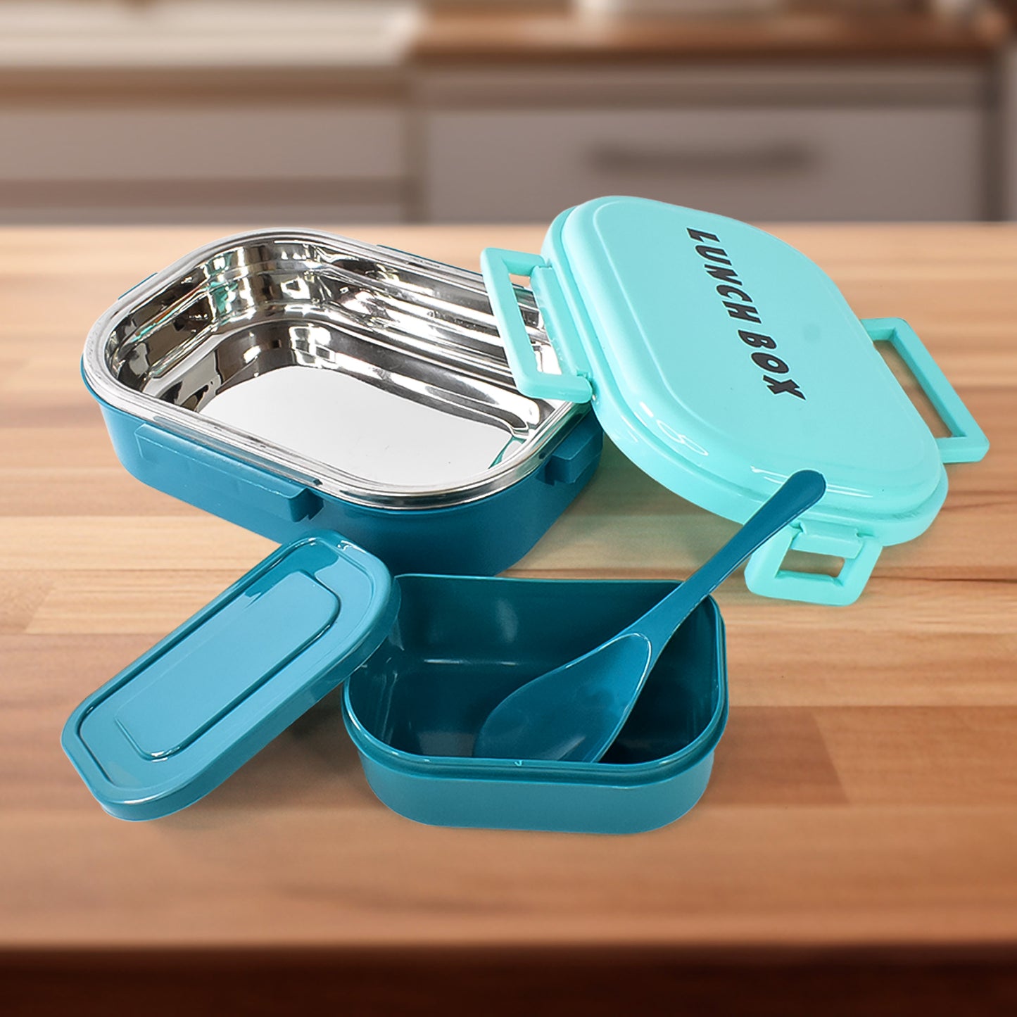 3 In 1 Spicy Bite Stainless Steel Lunch Box With Plastic Small Box Spoon (1 Set) - LootFaat