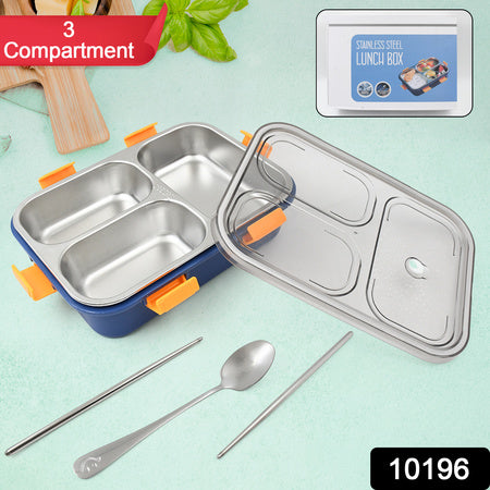 3 Compartment Transparent Stainless Steel Lunch Box With A Spoon And A Pair Of Chopsticks (1 Set) - LootFaat