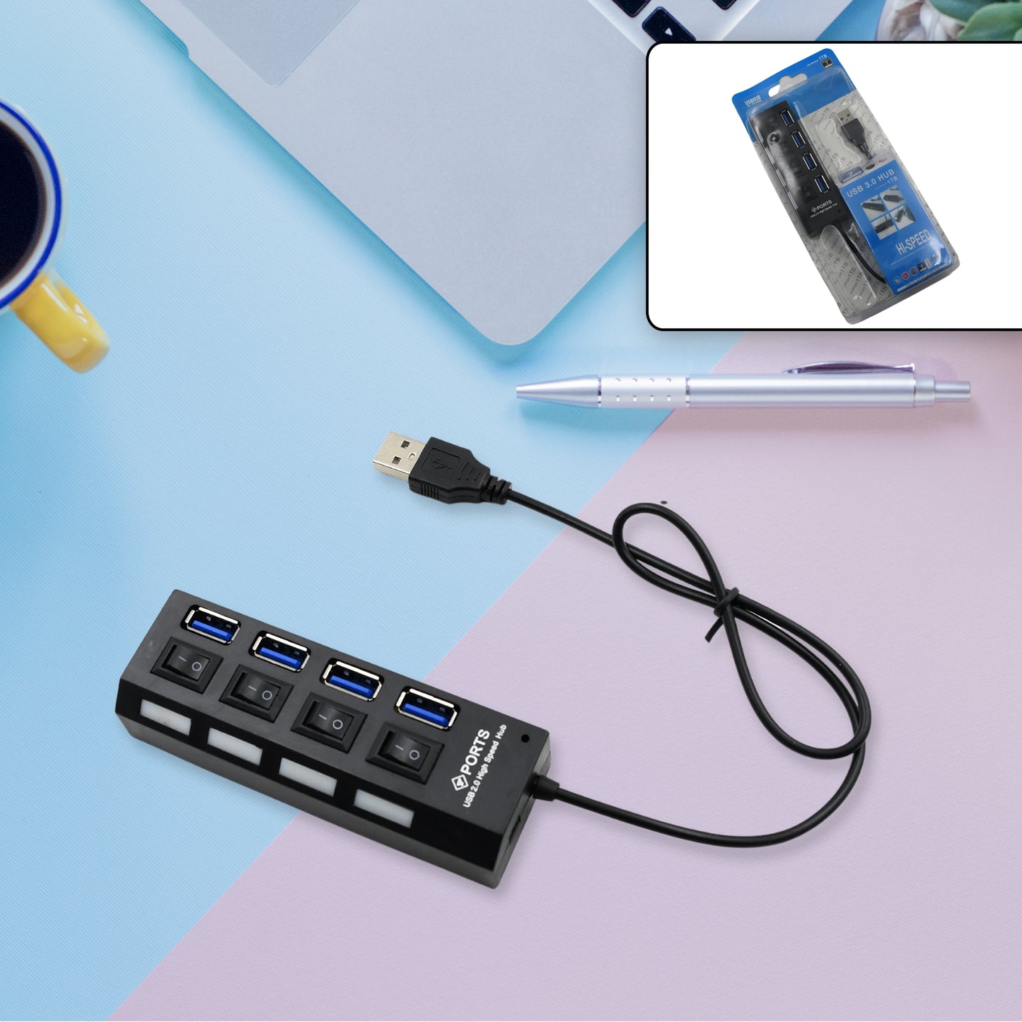4 Port Usb Hub Usb 2.0 Hub Splitter High Speed With Onoff Switch Multi Led Adapter Compatible With Tablet Laptop Computer Notebook - LootFaat