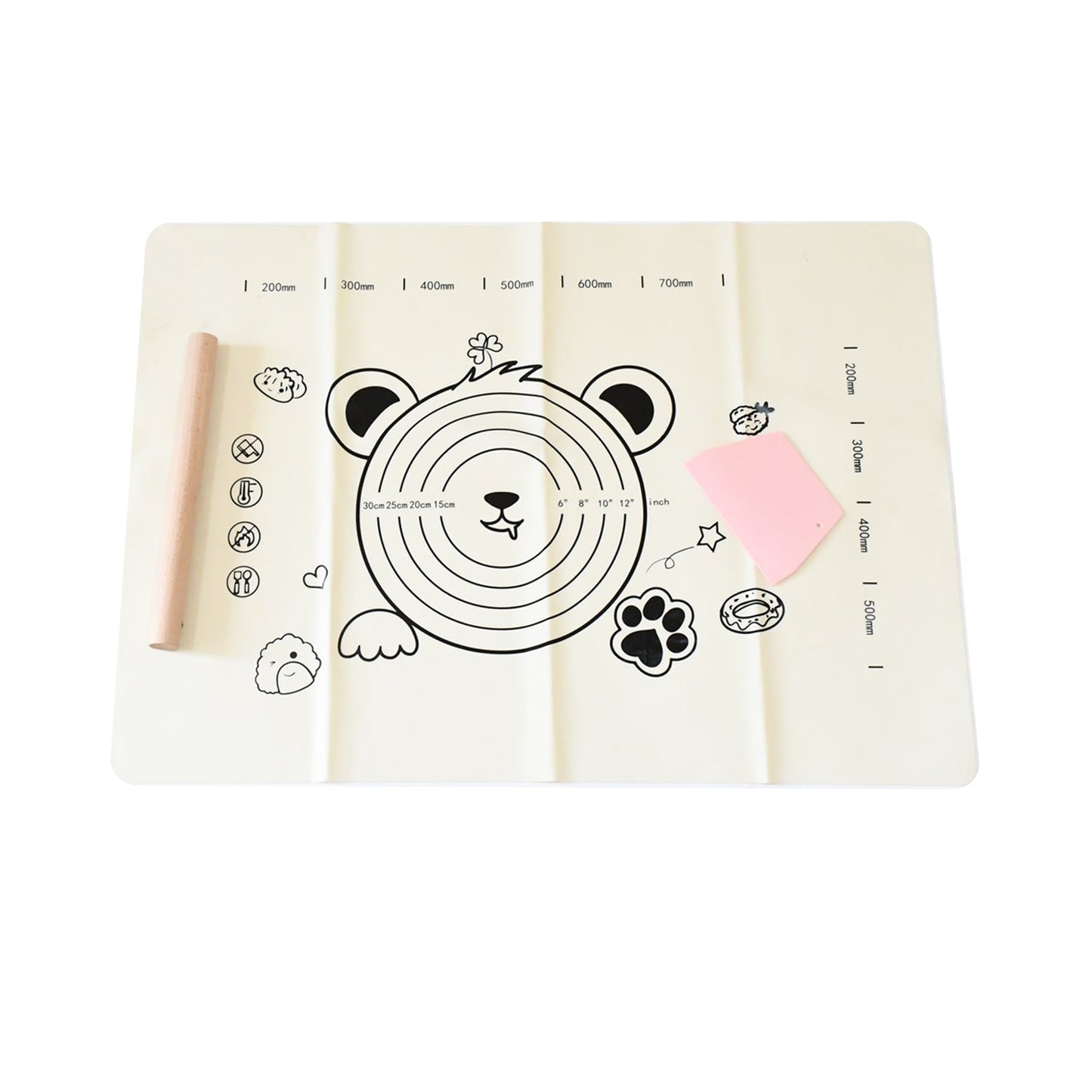 3 In 1 Low Silicone Baking Mat With Wooden Belan Cake Scraper (3 Pcs Set 7050 Cm) - LootFaat