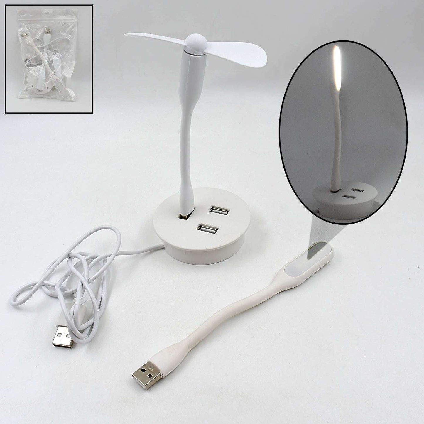 3-in-1 Portable USB Fan, Light & USB Hub Combo