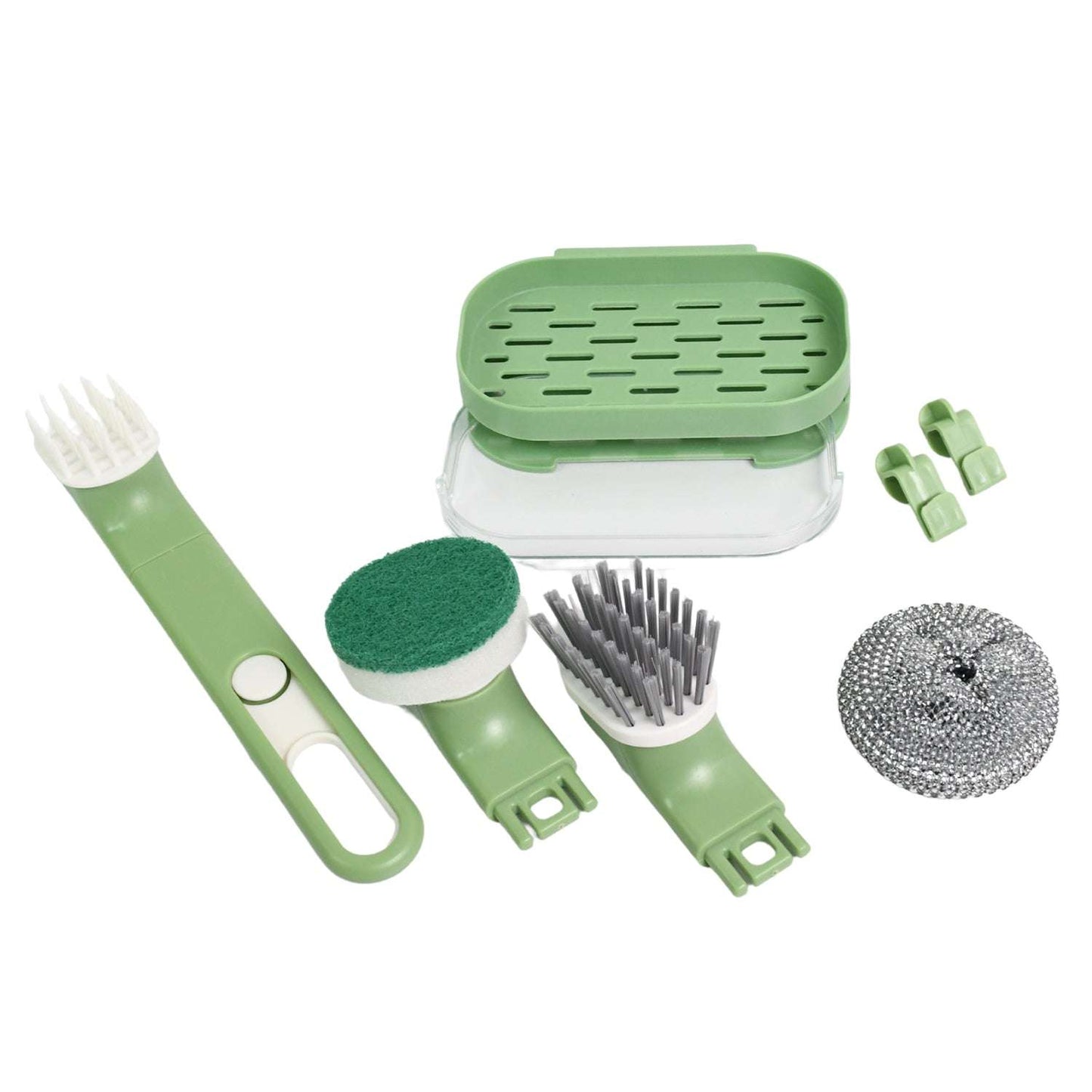 Dish Brush Set With Handle Replacement Heads Drain Tray In Kitchen (9 Pcs Set) - LootFaat