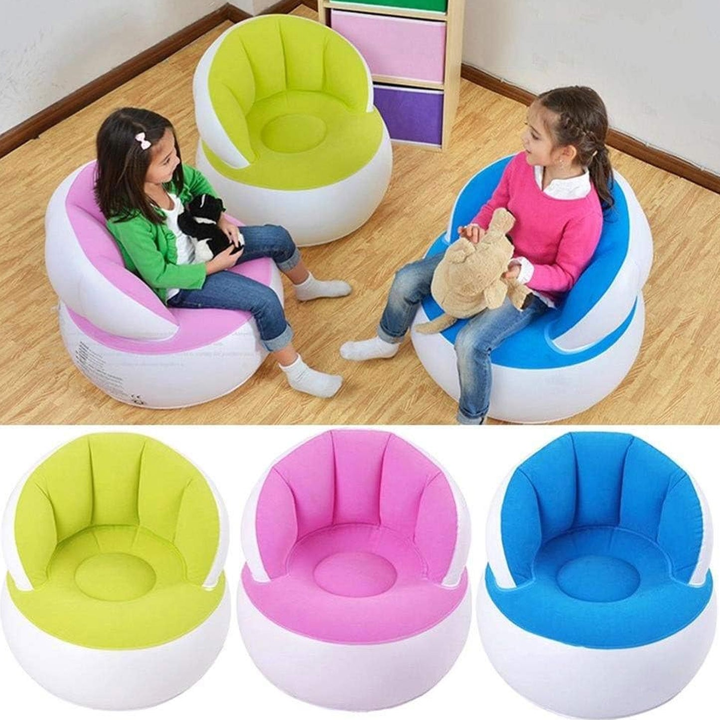 Kids Inflatable Sofa Chair With Backrest Foot Air Pump With Hose (1 Set 85x74 Cm Approx) - LootFaat