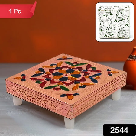 Handicraft Meenakari Wooden Chowki Puja Bajot For Home Office Decor For Puja Multicolour (1 Pc Set) - LootFaat