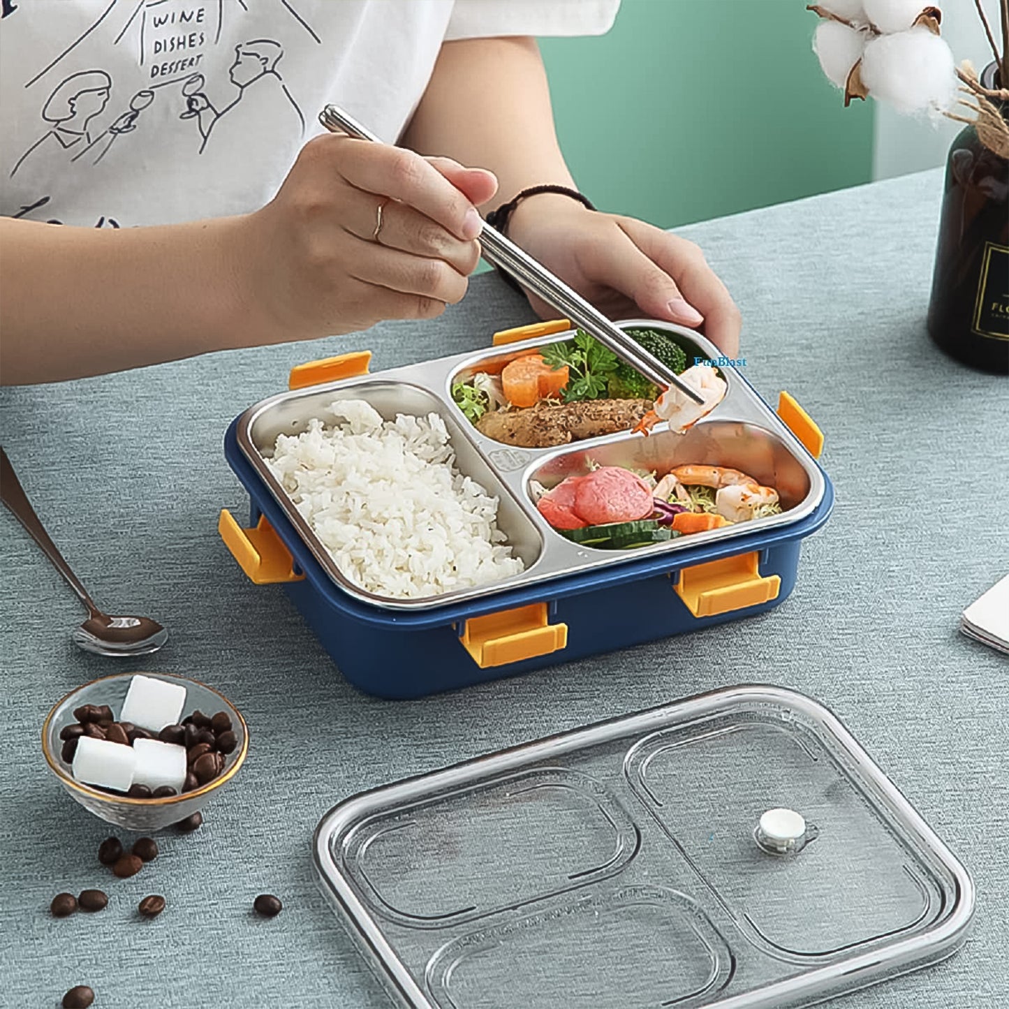 3 Compartment Transparent Stainless Steel Lunch Box With A Spoon And A Pair Of Chopsticks (1 Set) - LootFaat