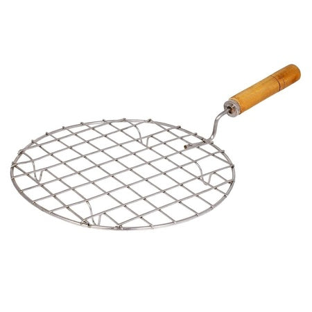 Kitchen Round Stainless Steel Roaster Papad Jali Barbecue Grill With Wooden Handle - LootFaat
