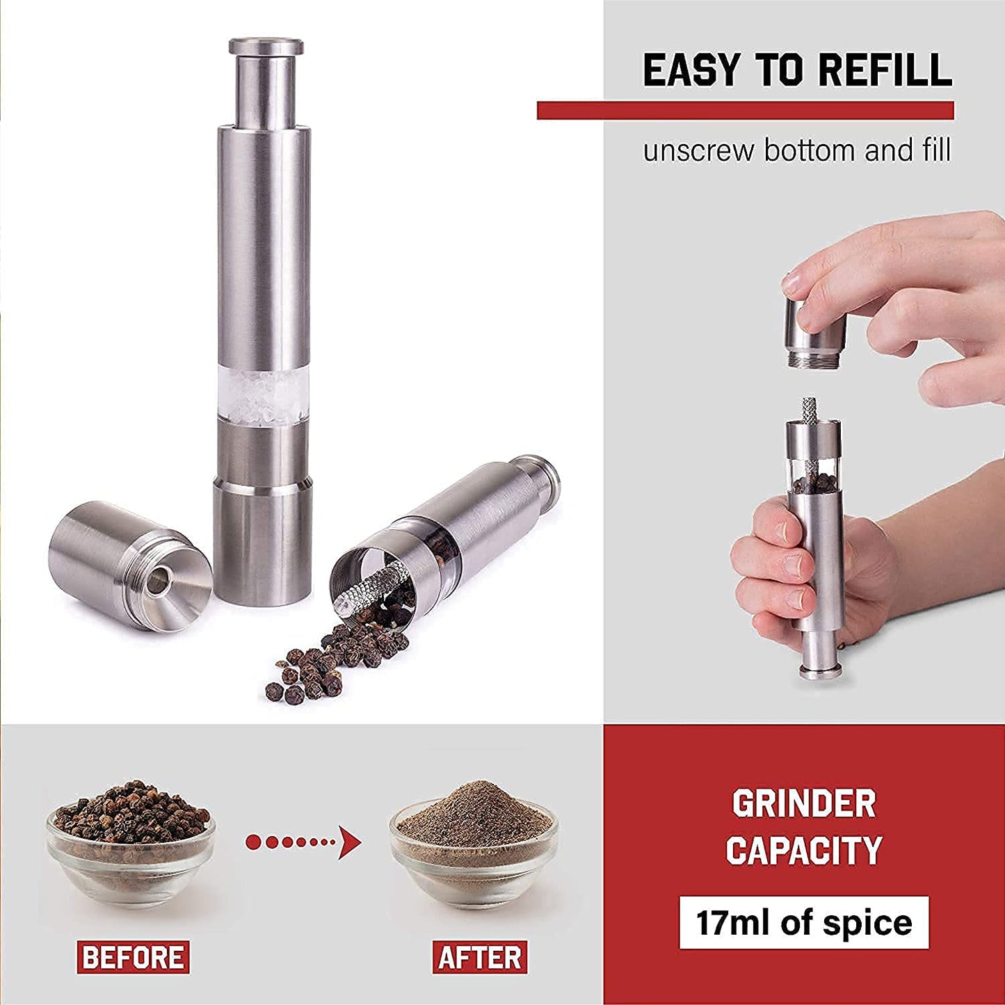 Thumb Press Stainless Steel Salt & Pepper Grinder