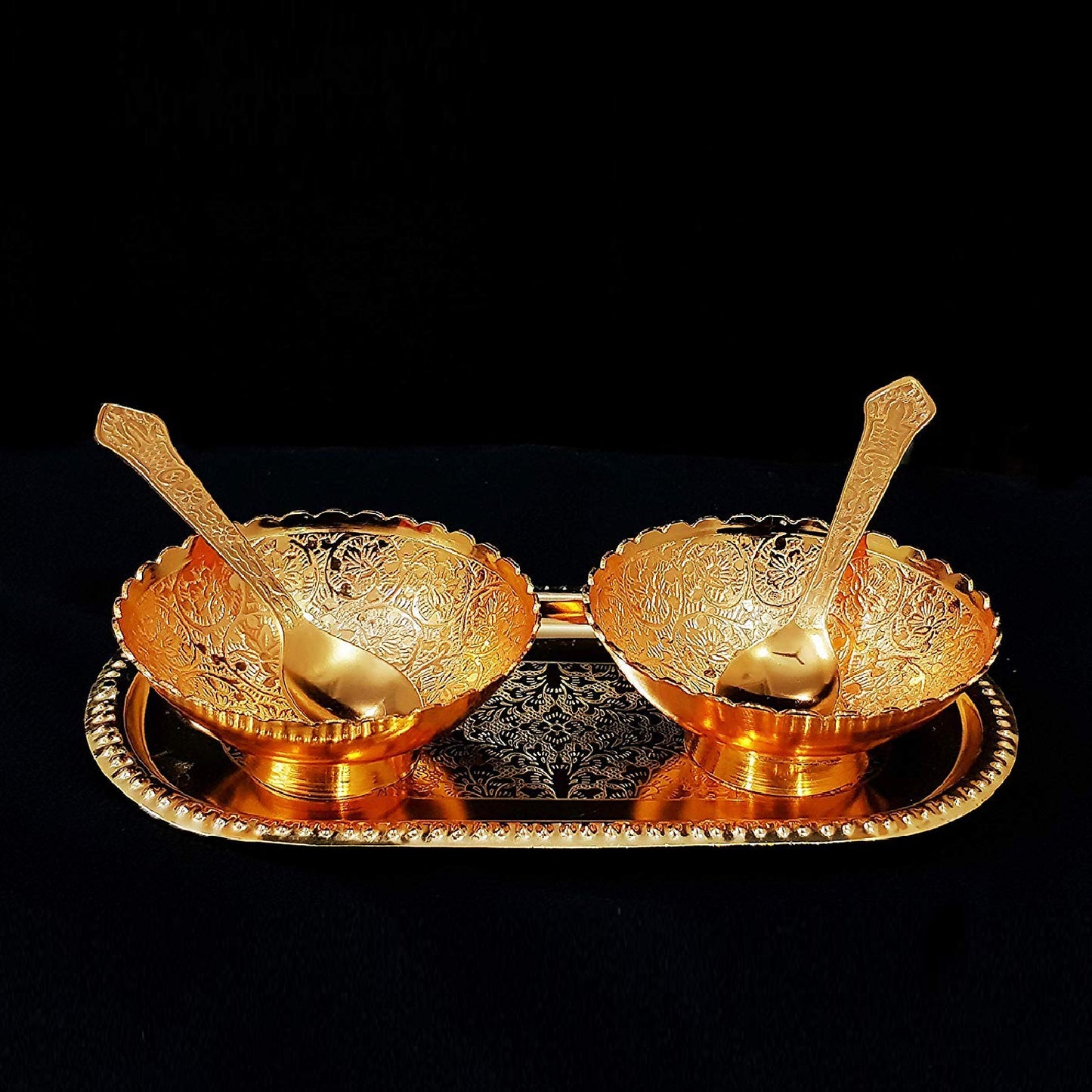 Gold Silver Plated 2 Bowl 2 Spoon Tray Set Brass With Red Velvet Gift Box Serving Dry Fruits Desserts Gift - LootFaat