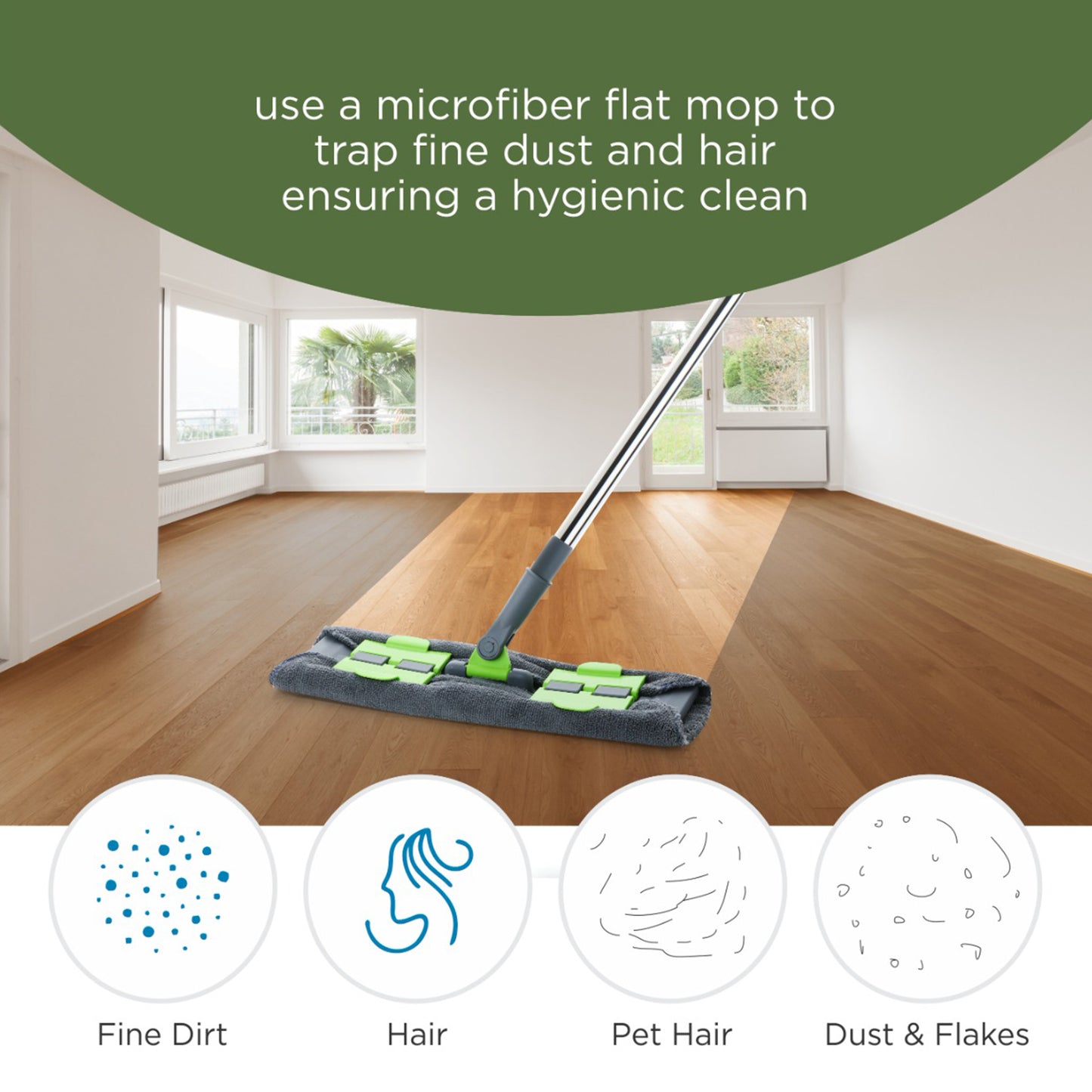 Microfiber Flat Floor Mop - 360° Rotating Head, Telescopic Handle - Wet & Dry Cleaning