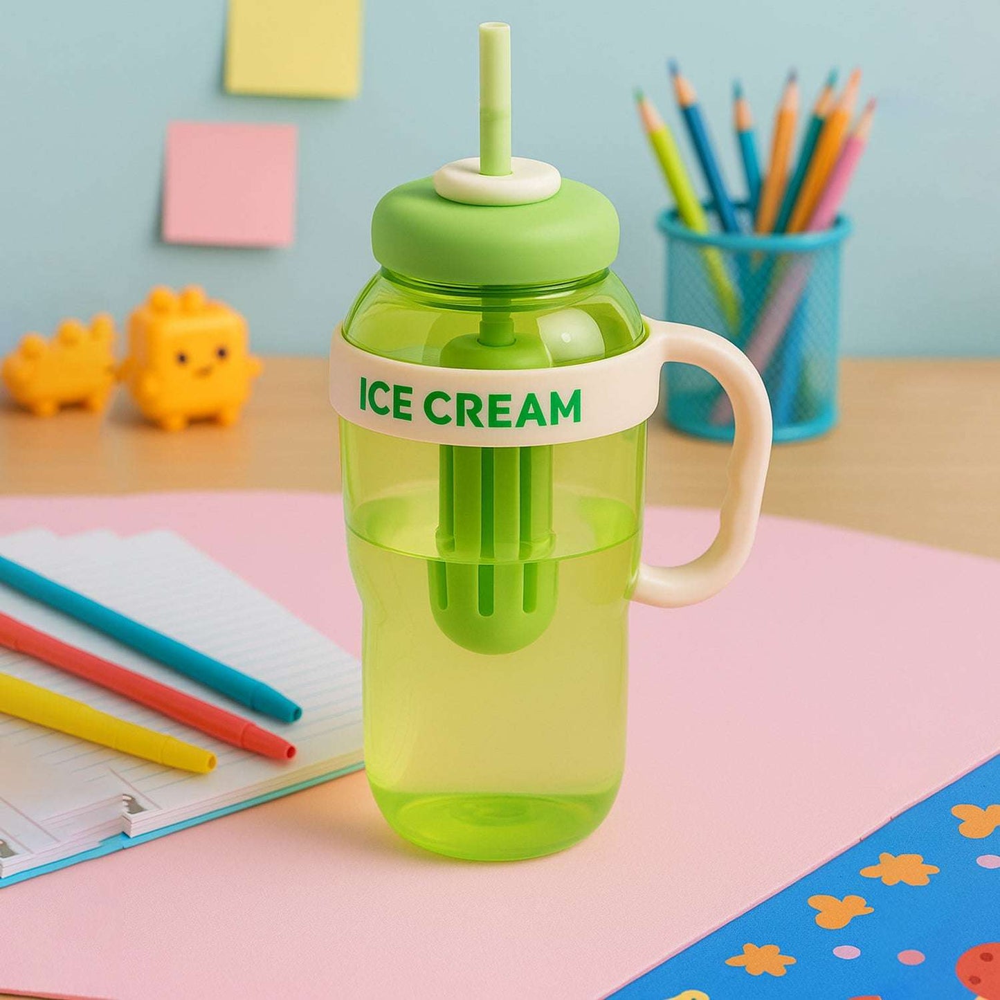 Approx 1300ml Large Capacity Cute Ice Cream Themed Water Bottle With Handle Straw Fruit Infuser Leakproof Sipper For Kids Adults