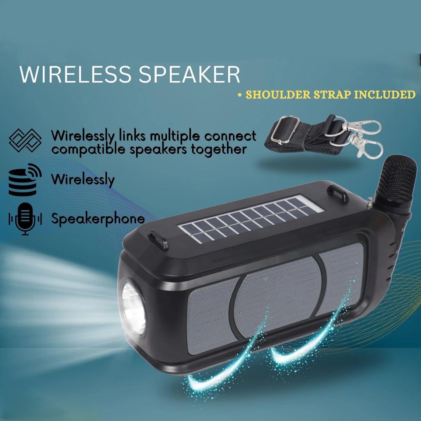 Wireless Bluetooth Speaker 5w High Bass With Wireless Mic Microphone Led Torch Solar Charging Support Usb Adjustable Strap (1 Set) - LootFaat