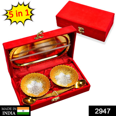 Gold Silver Plated 2 Bowl 2 Spoon Tray Set Brass With Red Velvet Gift Box Serving Dry Fruits Desserts Gift - LootFaat