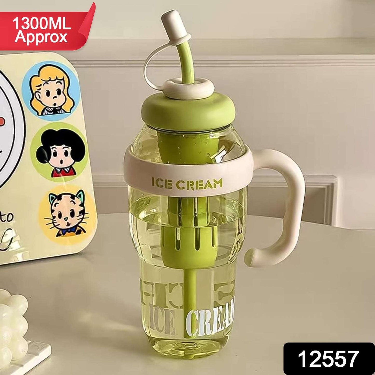 Approx 1300ml Large Capacity Cute Ice Cream Themed Water Bottle With Handle Straw Fruit Infuser Leakproof Sipper For Kids Adults
