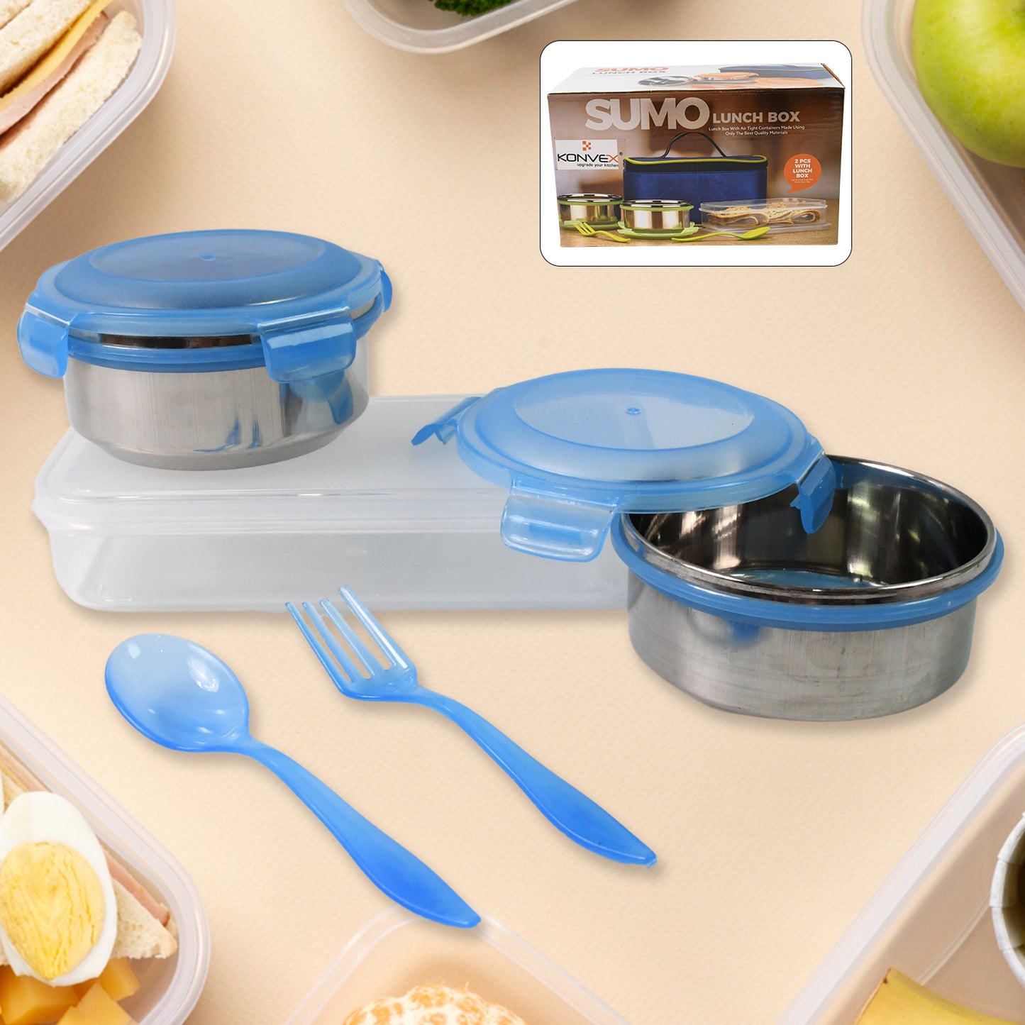 Sumo Lunch Box With Lunch Bag Plastic Lunch Box Plastic Spoon Fork (2 Pc Set With Lunch Box) - LootFaat
