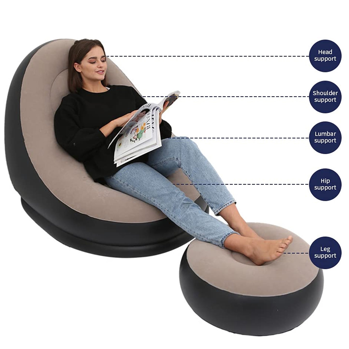 Inflatable Sofa Lounge Chair Ottoman Blow Up Chaise Lounge Air Sofa Indoor Flocking Leisure Couch For Home Office Rest Inflated Recliners Portable Deck Chair For Outdoor Travel Camping Picnic. - LootFaat