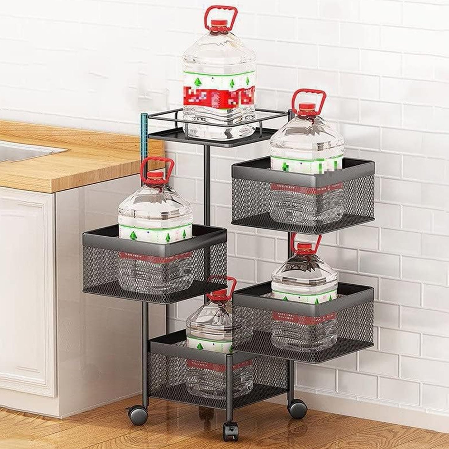 Rotating Kitchen Trolley Organizer - 3/4 Tier Metal Storage Rack with Wheels