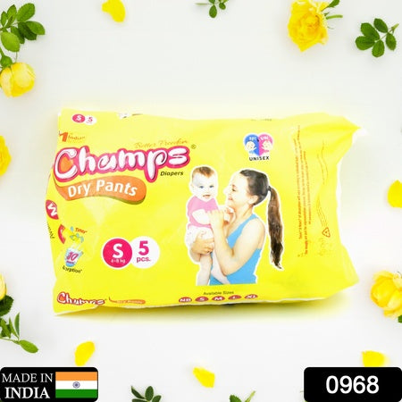 Small Champs Dry Pants Style Diaper- Small Best For Travel Absorption Champs Baby Diapers Champs Soft And Dry Baby Diaper Pants (S5 Pcs ) - LootFaat