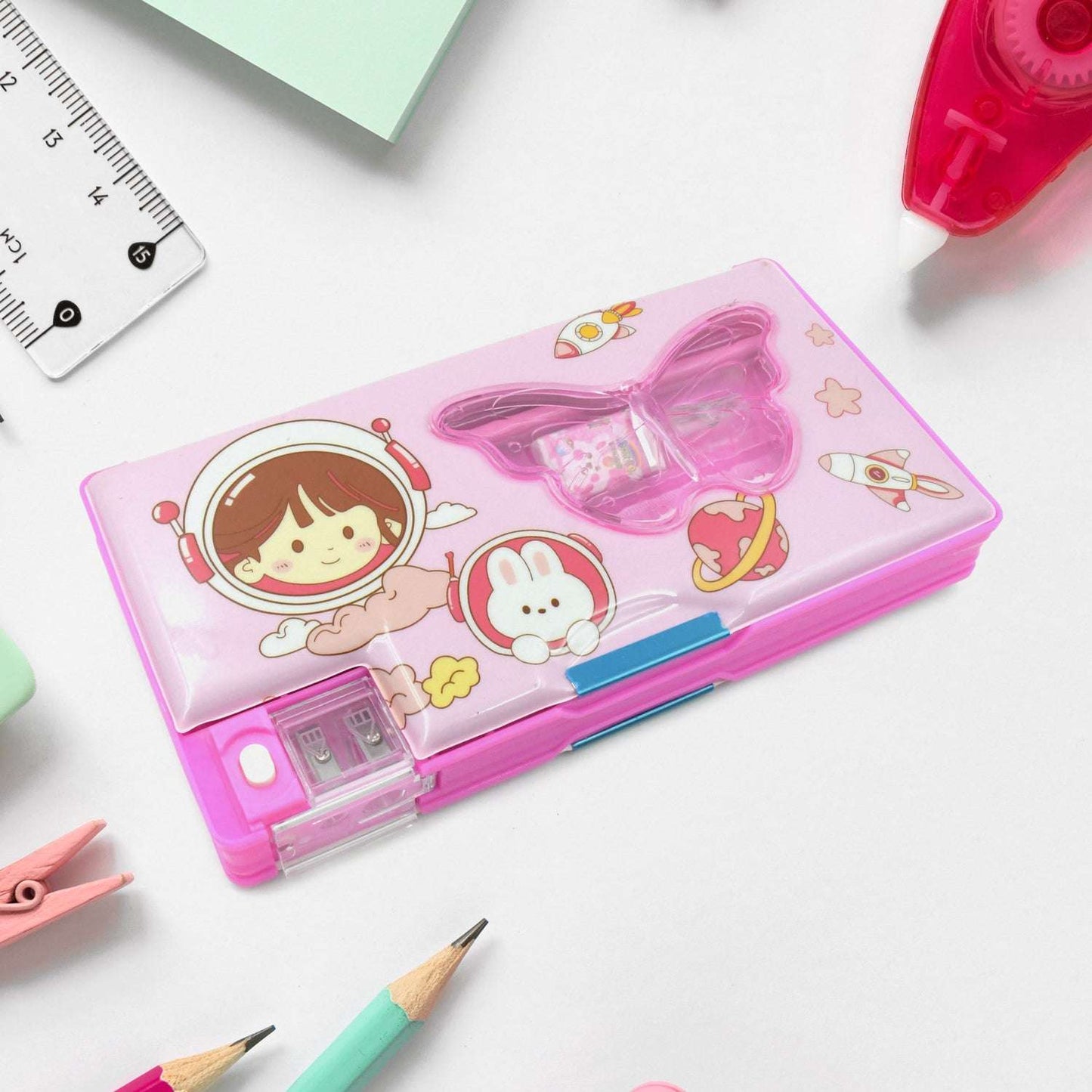 Printed Pencil Case For Kidsmulti Compartment Compass Pencil Box With Sharpener Eraser Pencil Scale School Supplies Pencil Compass Boxstationery Case (Pack Of 1) - LootFaat