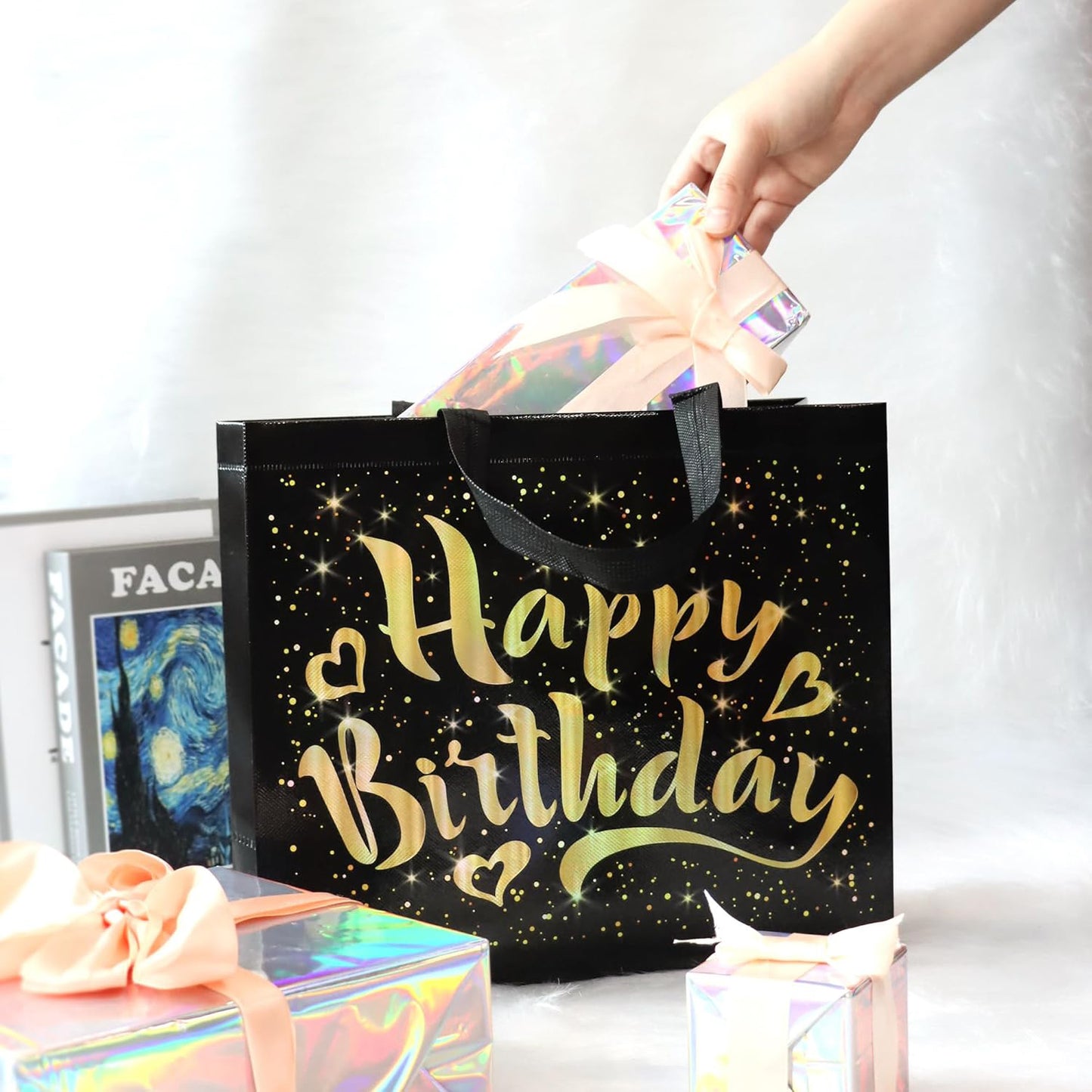 Birthday Gift Bag With Gold Shiny Stars Reusable Party Gift Bags (1 Pc) - LootFaat