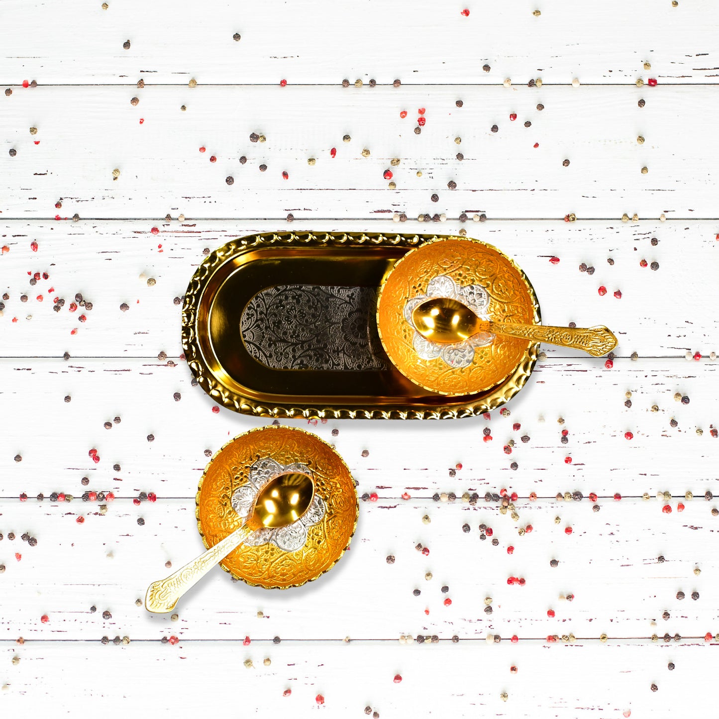 Gold Silver Plated 2 Bowl 2 Spoon Tray Set Brass With Red Velvet Gift Box Serving Dry Fruits Desserts Gift - LootFaat
