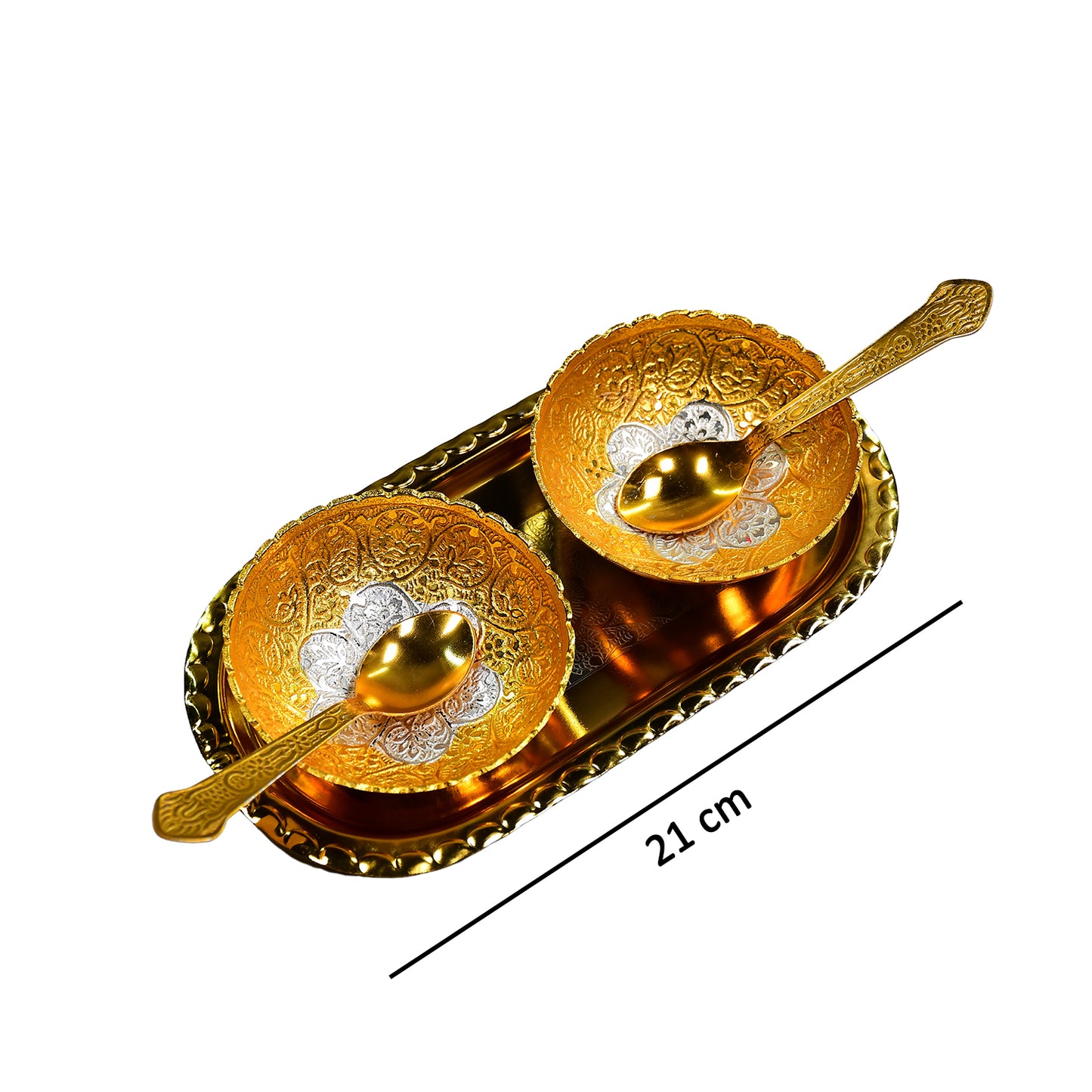 Gold Silver Plated 2 Bowl 2 Spoon Tray Set Brass With Red Velvet Gift Box Serving Dry Fruits Desserts Gift - LootFaat
