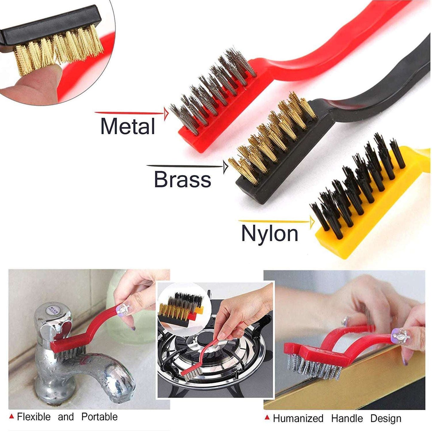 3pc Mini Wire Brush Set Brass Nylon Stainless Steel Bristles Household Cleaning Brush For Gas Stove Smoke Machine Tool Burner Tiles Tap Rust Removal Welding Slag Dirt Paint Scrubbing. - LootFaat