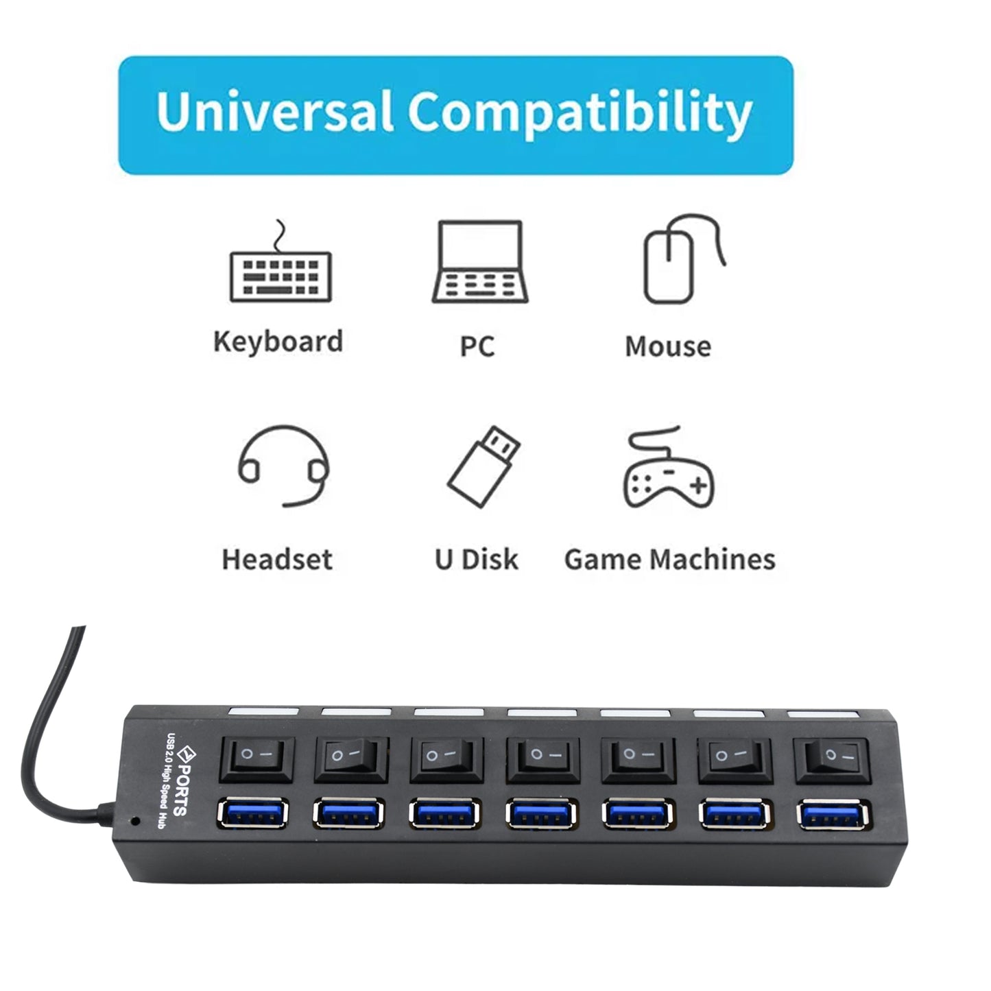 Usb Splitter Multi Port Usb 2.0 Hub 7 Port With Independent Onoff Switch And Led Indicators Usb A Port Data Hub Suitable For Pc Computer Keyboard Laptop Mobile Hdd Flash Drive Camera Etc - LootFaat