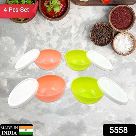 Multipurpose Small Round Plastic Bowl Katori With Lid Microwave Safe Reusable Lightweight Bowl Dishwasher Safe Chutney Bowl (4 Pcs Set) - LootFaat