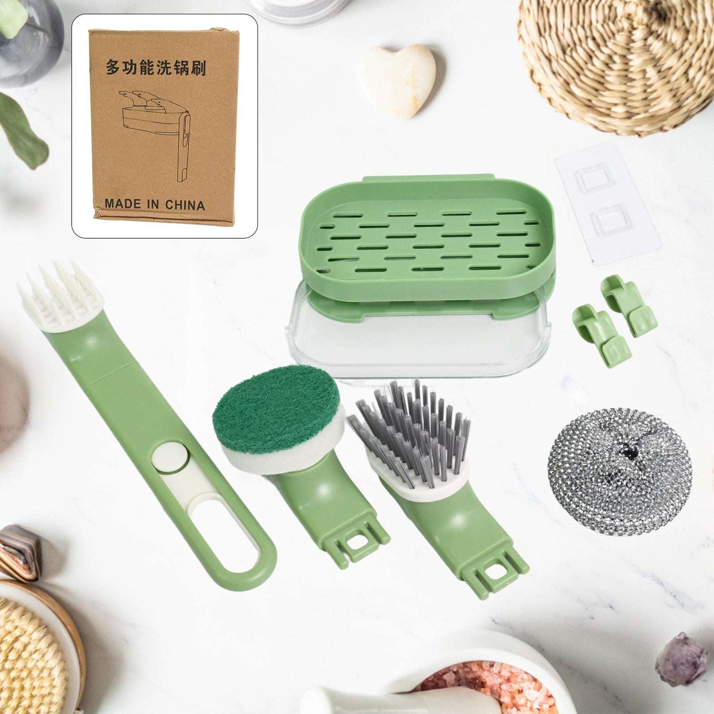 Dish Brush Set With Handle Replacement Heads Drain Tray In Kitchen (9 Pcs Set) - LootFaat