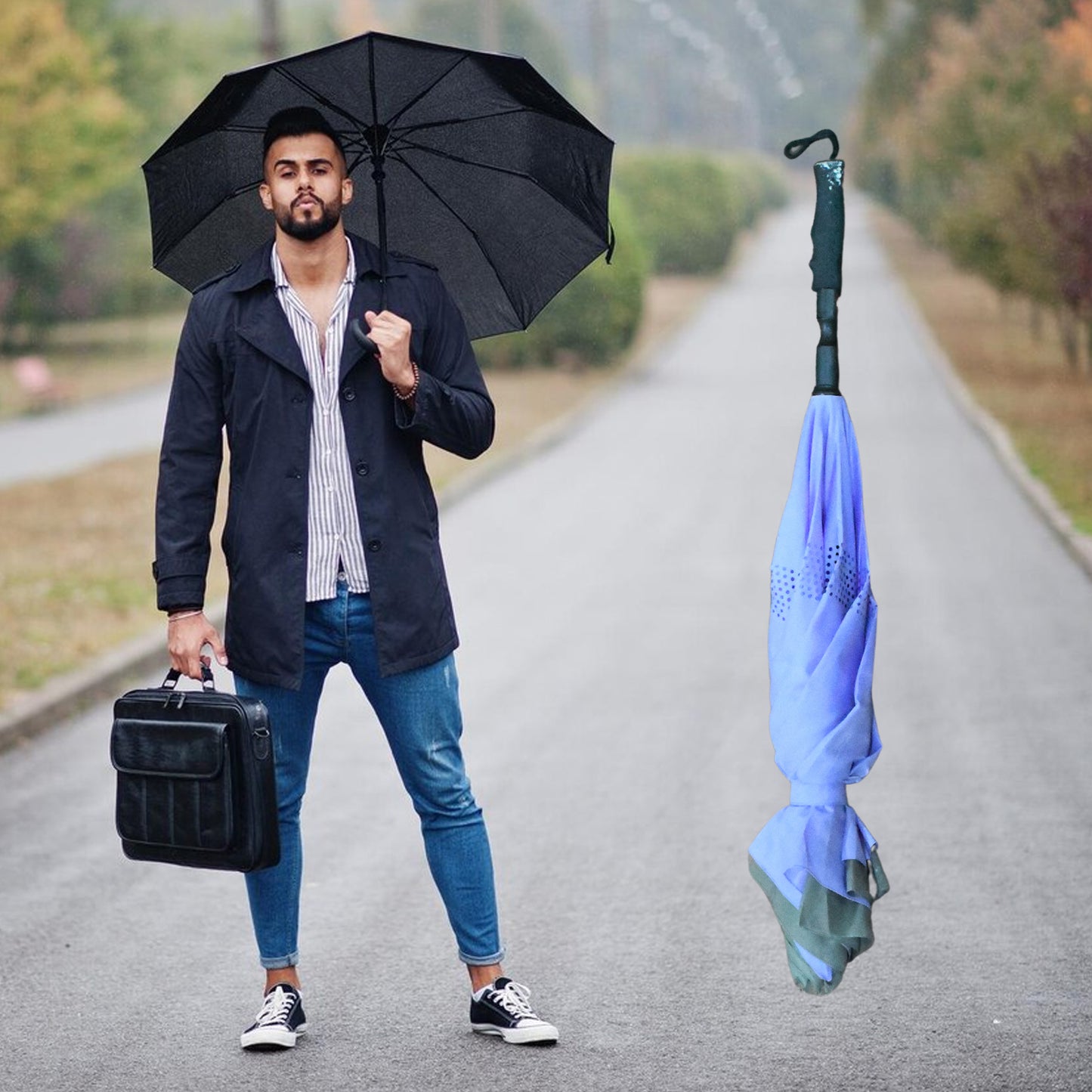 Travel Umbrella Windproof Umbrella Compact Folding Reverse Umbrella Unique Folding Umbrella (1 Pc) - LootFaat