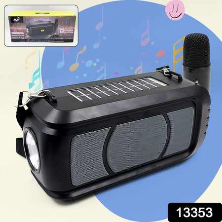 Wireless Bluetooth Speaker 5w High Bass With Wireless Mic Microphone Led Torch Solar Charging Support Usb Adjustable Strap (1 Set) - LootFaat