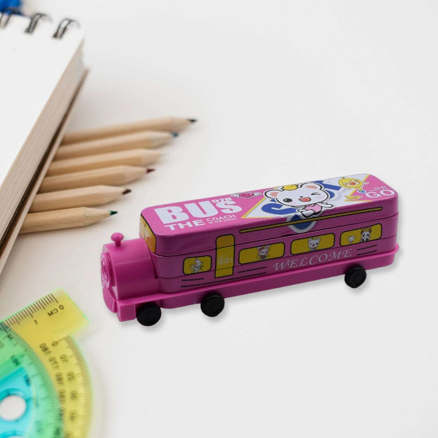 Double Decker Magic Bus Compass 2 Layer Metal Bus Compass Pencil Case With Movable Wheels Sharpener Bus Shape With Tiers Metal Pencil Box For Kids Birthday Party - LootFaat