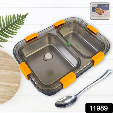 Stainless Steel Lunch Box 2 Section Lunch Box With Spoon - LootFaat