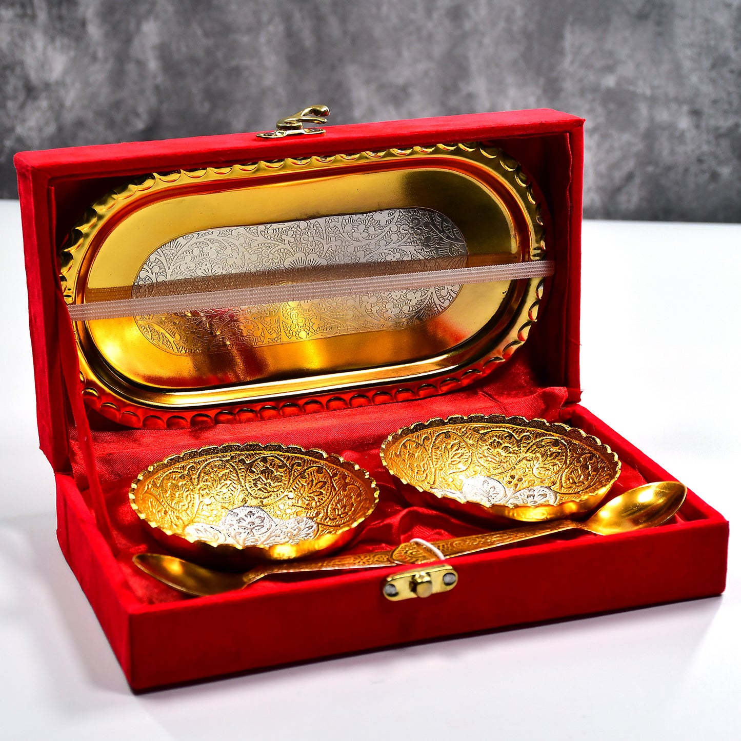 Gold Silver Plated 2 Bowl 2 Spoon Tray Set Brass With Red Velvet Gift Box Serving Dry Fruits Desserts Gift - LootFaat