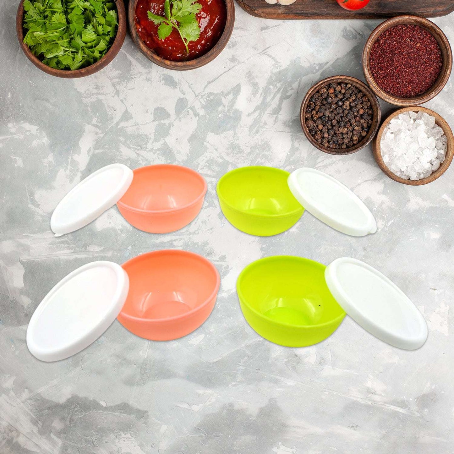 Multipurpose Small Round Plastic Bowl Katori With Lid Microwave Safe Reusable Lightweight Bowl Dishwasher Safe Chutney Bowl (4 Pcs Set) - LootFaat