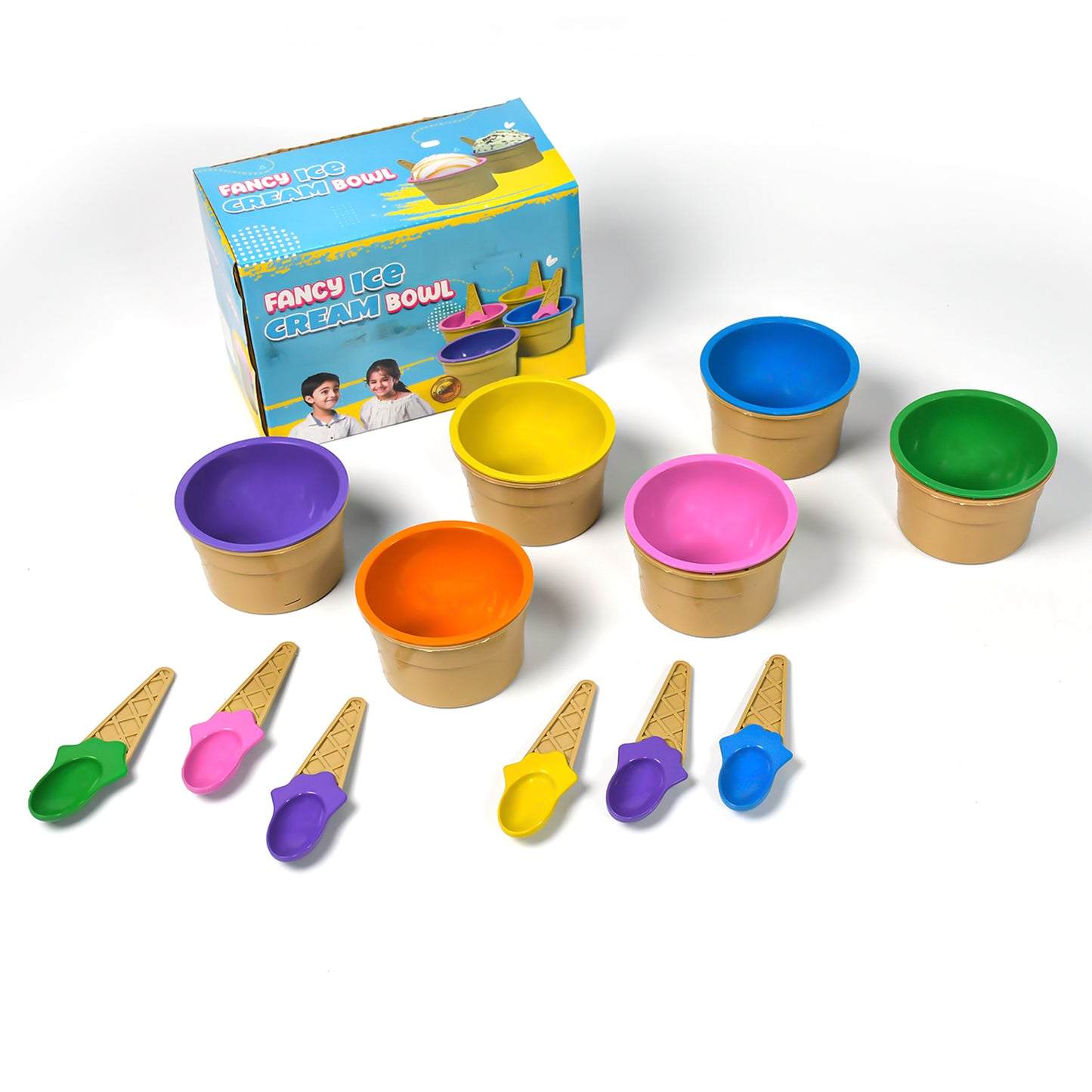 Ice-cream Waffle Spoon Bowel Cup Set Premium Ice Cream Set Ice-cream Bowel With Spoon 6 Units Couple Bowl Set Color Box - LootFaat