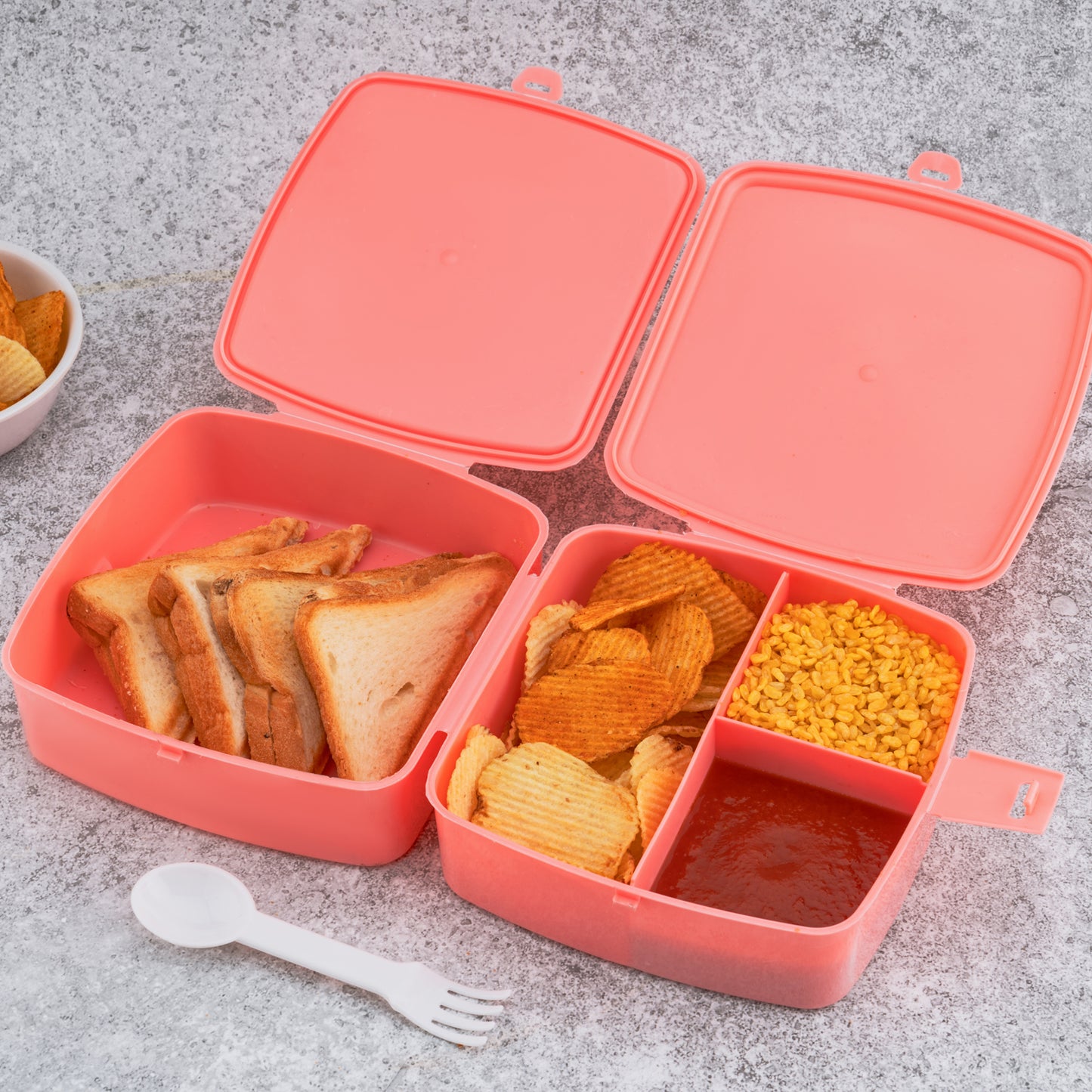 Double-layer Square Lunch Box With Spoon 4 Compartment Tiffin Push Lock Plastic Tiffin Box For Travelling School Kids Office Exclusive Home - LootFaat