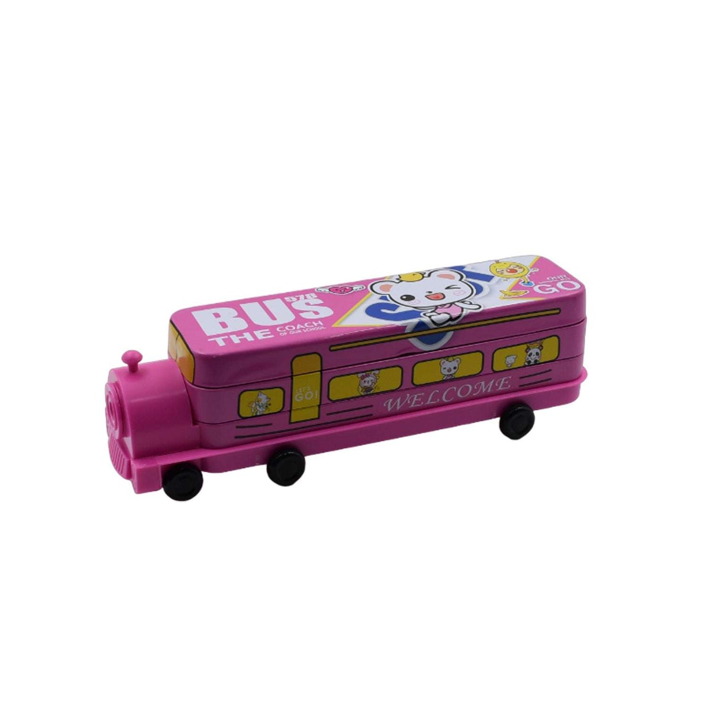Double Decker Magic Bus Compass 2 Layer Metal Bus Compass Pencil Case With Movable Wheels Sharpener Bus Shape With Tiers Metal Pencil Box For Kids Birthday Party - LootFaat