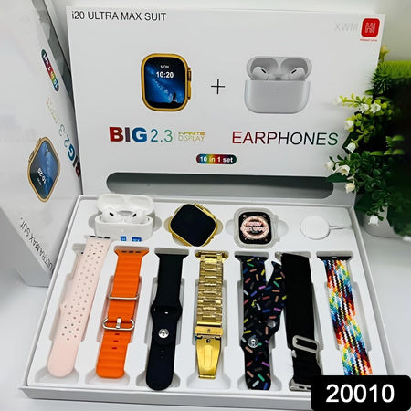10 In1 Set Ultra Smart Bluetooth Calling Smartwatch + Earphones With Transparent Screen Guard Watch With Seven Classic Straps (Mix Color) - LootFaat