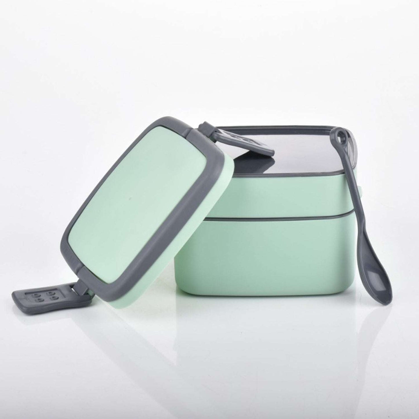 Green Double-layer Portable Lunch Box Stackable With Carrying Handle And Spoon Lunch Box - LootFaat
