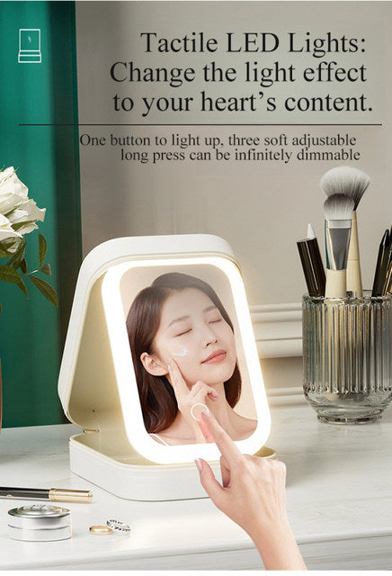 Portable LED Makeup Organizer with Dimmable Mirror – USB Rechargeable Travel Cosmetic Box