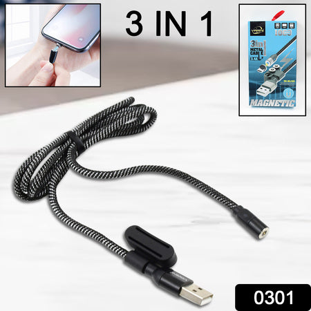 3 In 1 Magnetic Usb Charging Cable Usb-c Android And Lightning With Extra Protecting Nylon Strong Magnetic Cable With Full Rotation Support Fast Charging - LootFaat
