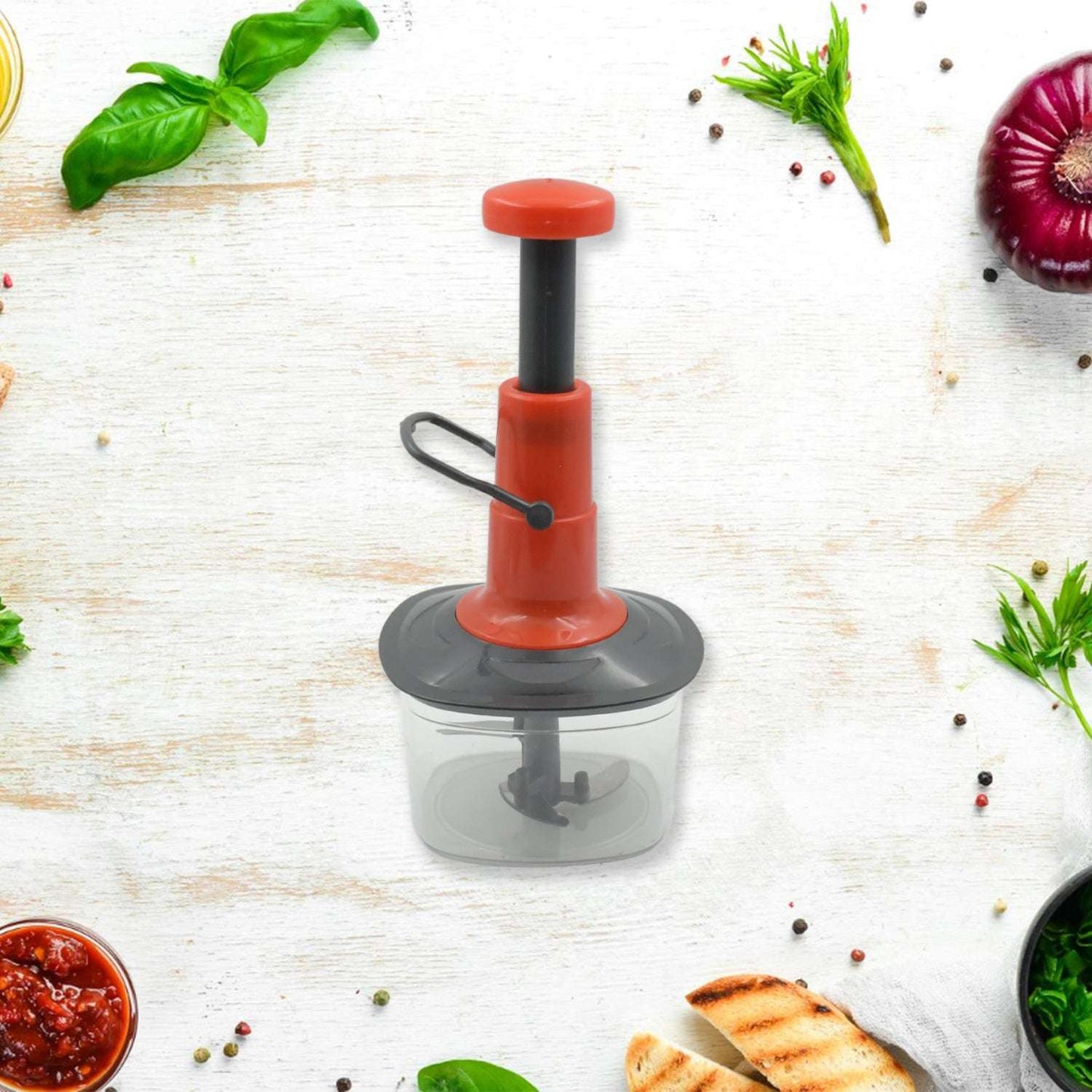 Manual Press Fruit Vegetable Chopper With 3 Stainless Steel Blades Anti-slip Base And Locking System Cutting Chopper For Kitchen (650 Ml)
