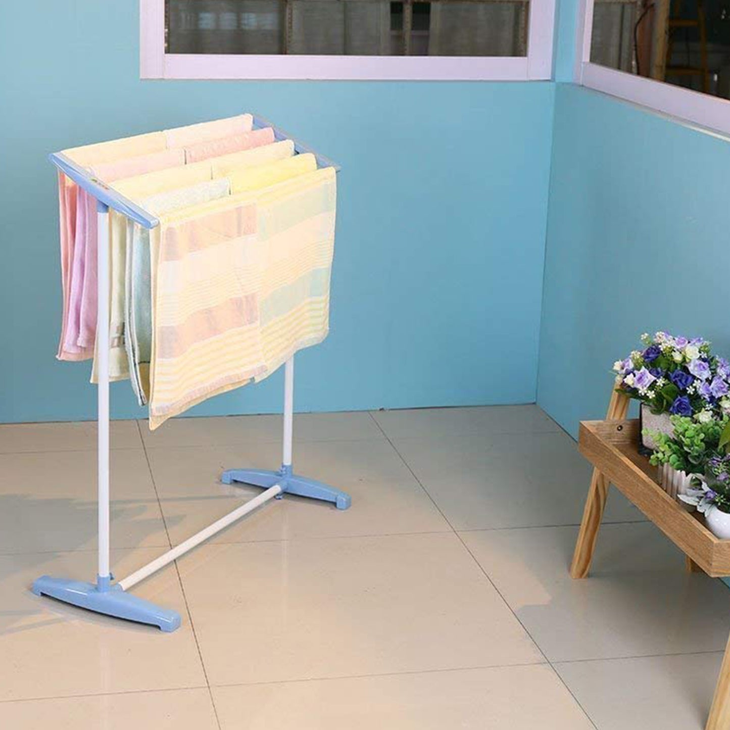 Multi-functional Single Tier Mobile Towel Foldable Rack For Cloth And Towel Stainless Steel And Plastic Made Mobile Towel And Cloth Rack Holder Indoor Outdoor Standing Movable Cloth Dryer Rack Balcony Cloth Drying Stand - LootFaat